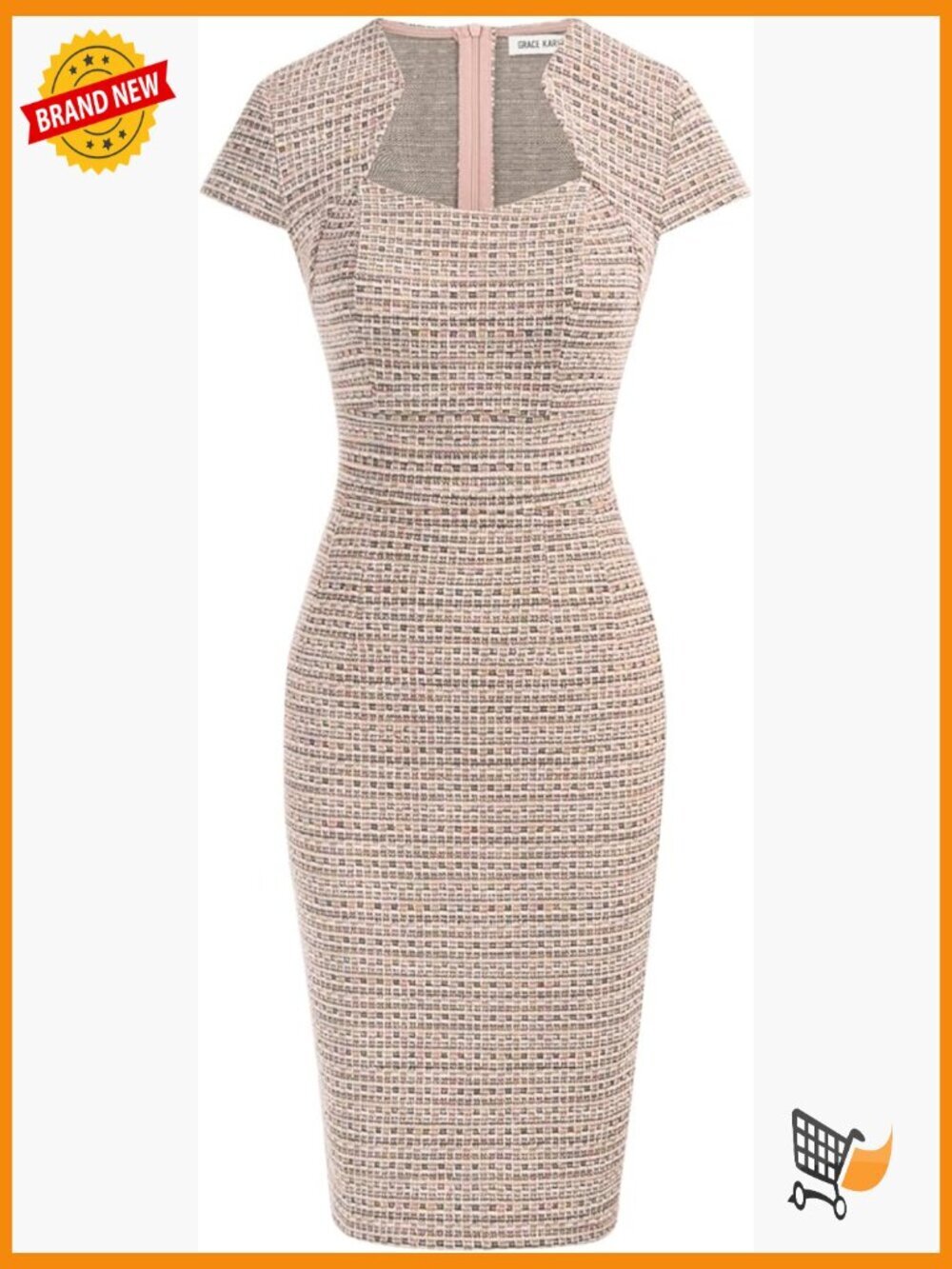 Cap Sleeve Tweed Pencil Dress Bodycon Knee-Length Work Dress